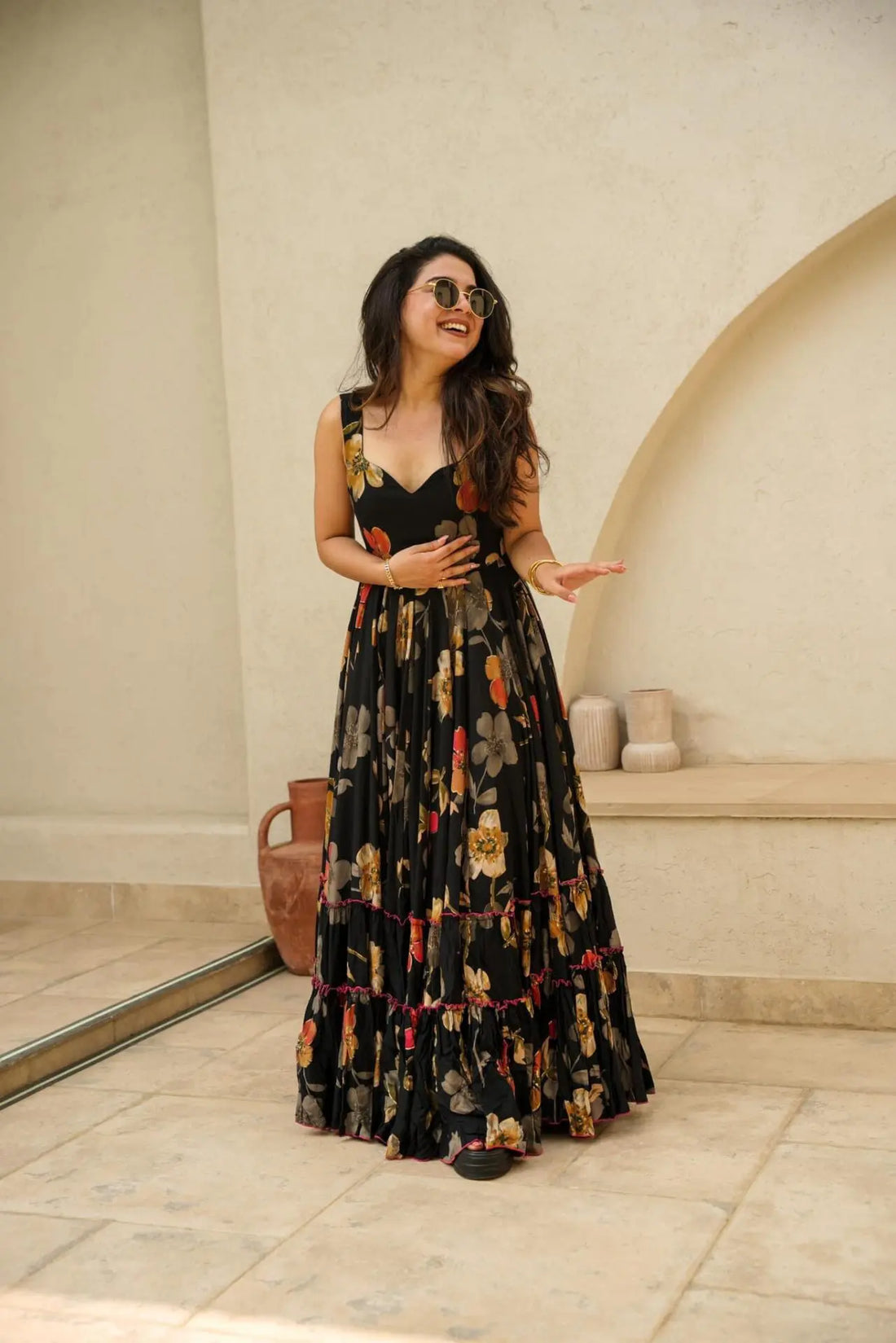 Midnight Botanical Tiered Maxi Gown-serann
