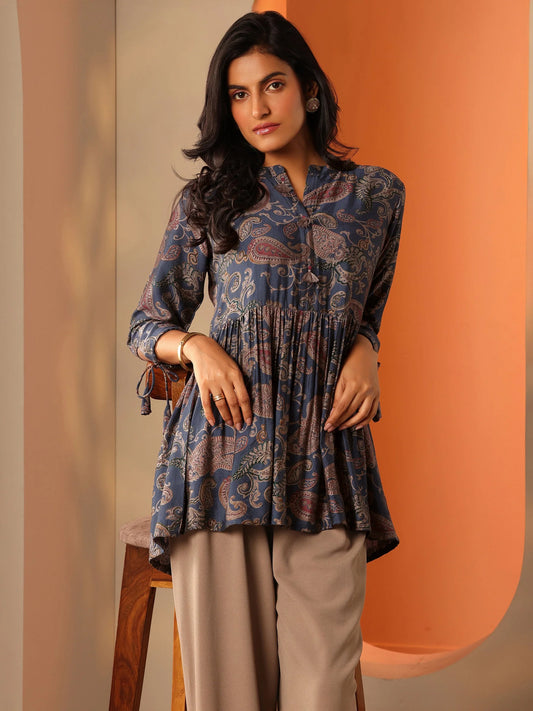 Midnight Indigo Paisley Flared Tunic-serann