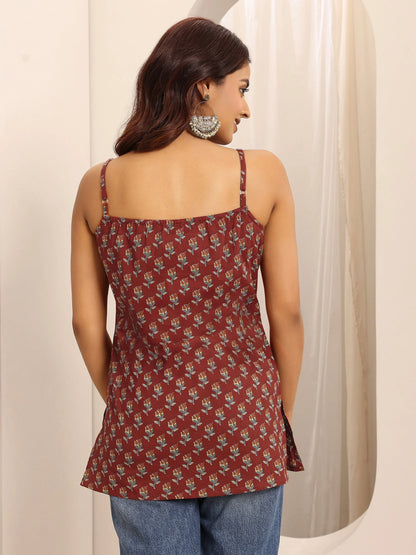 Rust Printed Strappy Cotton Short Kurti-serann