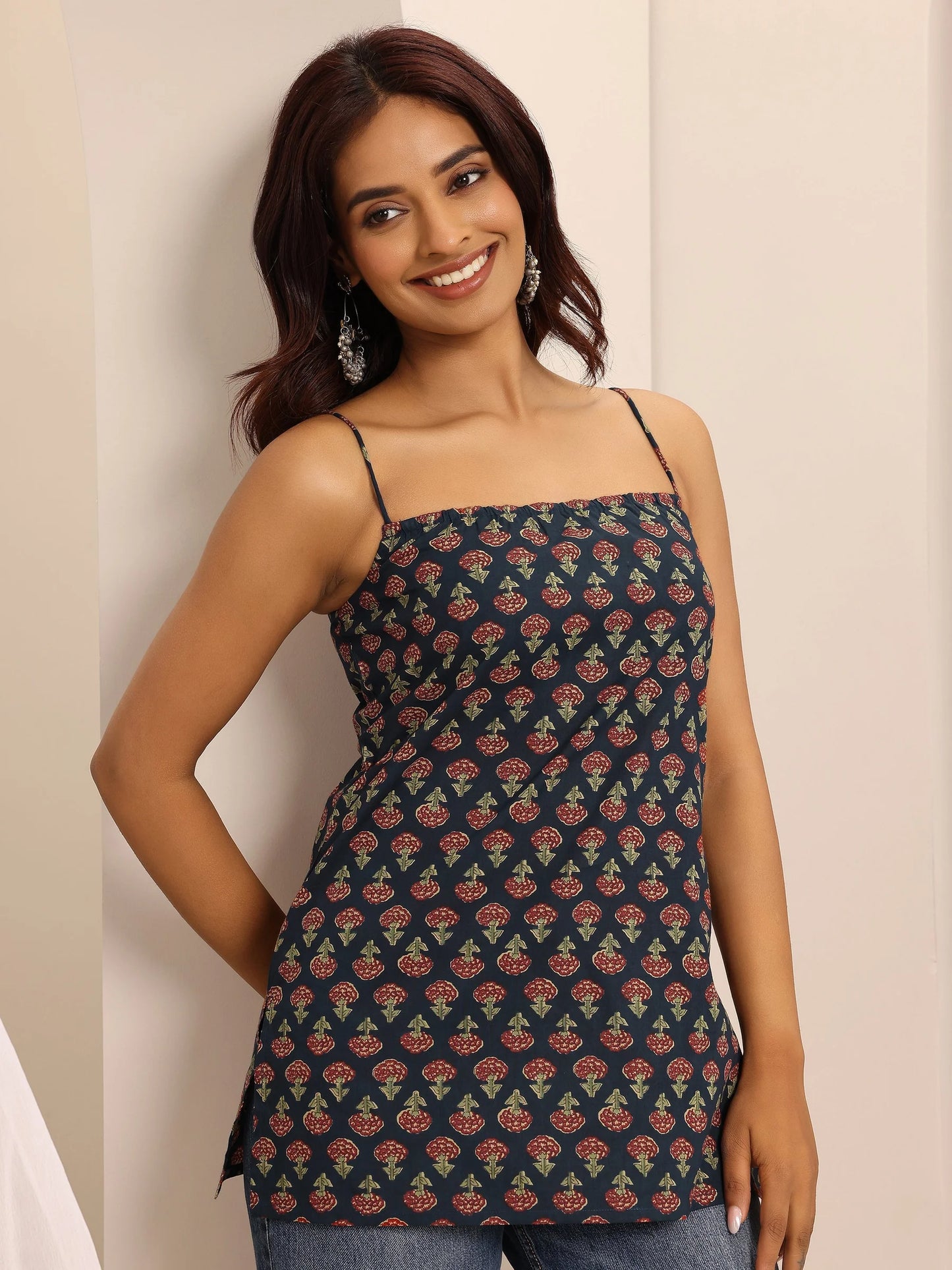 Rust Printed Strappy Cotton Short Kurti-serann