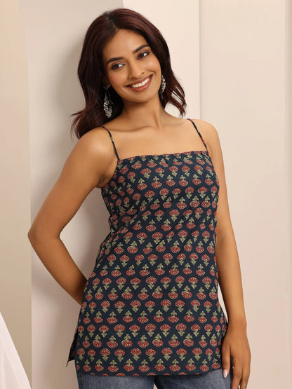 Rust Printed Strappy Cotton Short Kurti-serann