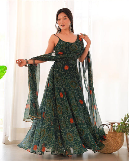 Dark Green Bandhani Printed Anarkali Set-serann