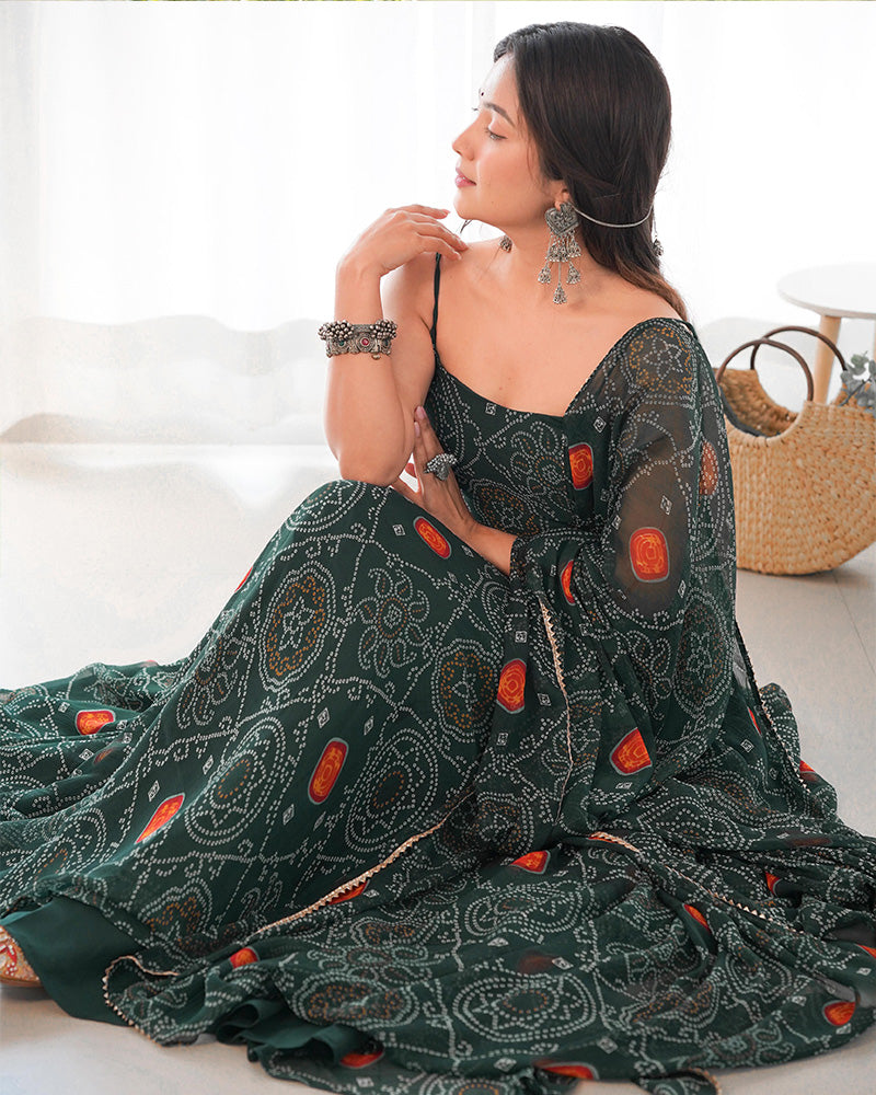 Dark Green Bandhani Printed Anarkali Set-serann