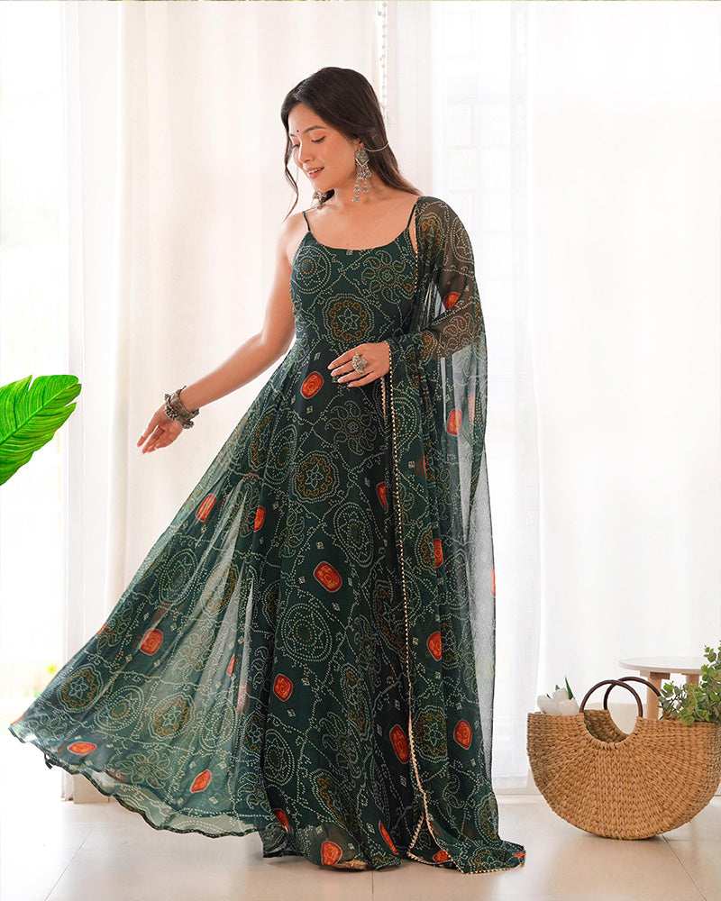 Dark Green Bandhani Printed Anarkali Set-serann