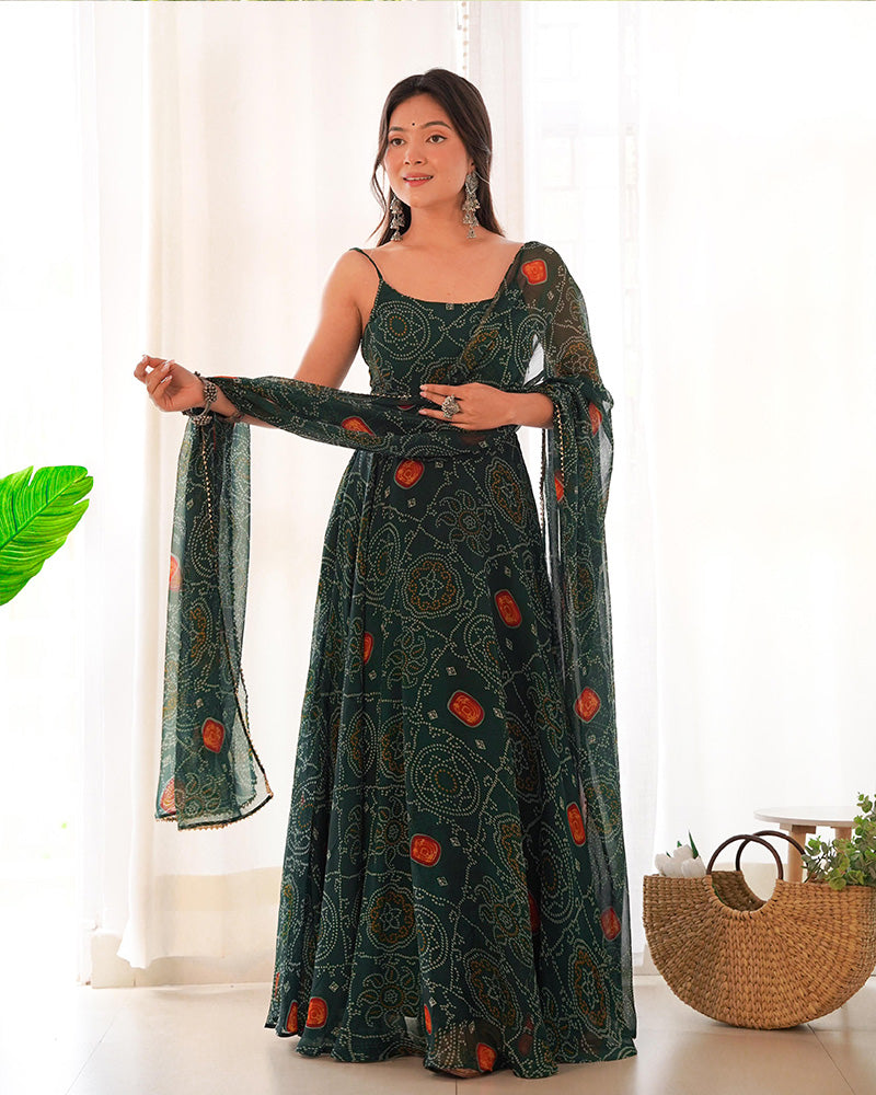 Dark Green Bandhani Printed Anarkali Set-serann