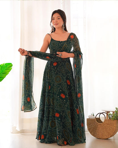 Dark Green Bandhani Printed Anarkali Set-serann