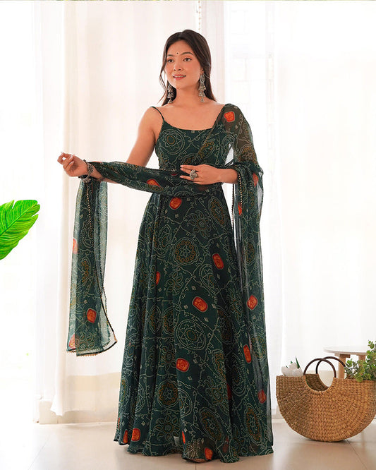 Dark Green Bandhani Printed Anarkali Set-serann