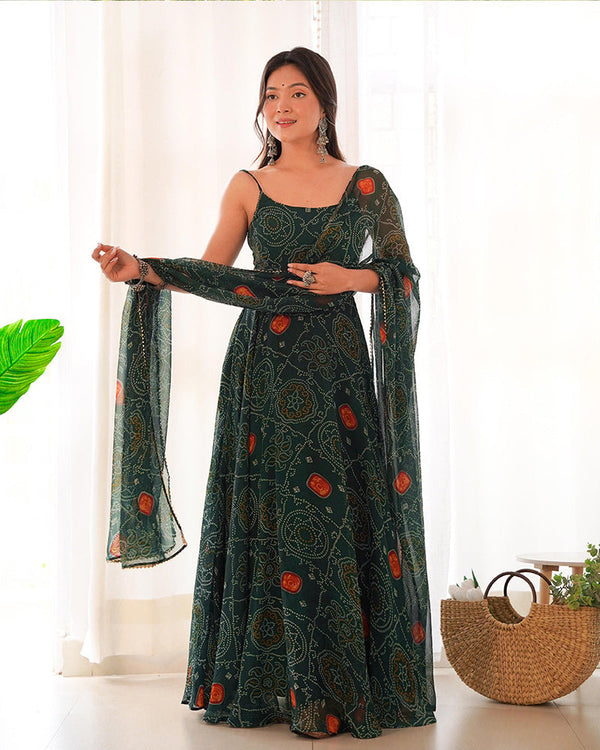 Dark Green Bandhani Printed Anarkali Set-serann