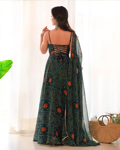 Dark Green Bandhani Printed Anarkali Set-serann