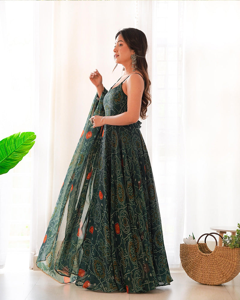 Dark Green Bandhani Printed Anarkali Set-serann