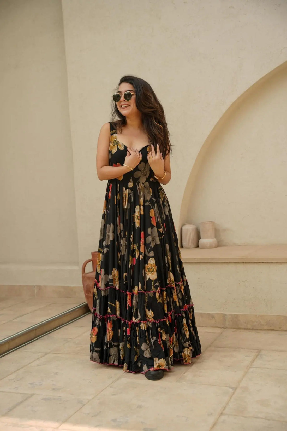Midnight Botanical Tiered Maxi Gown-serann