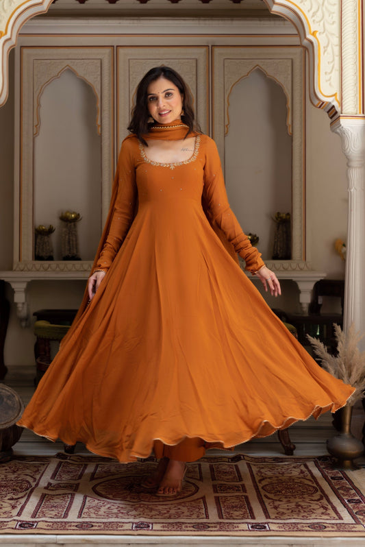 Mustard Gold Georgette Anarkali Set-serann