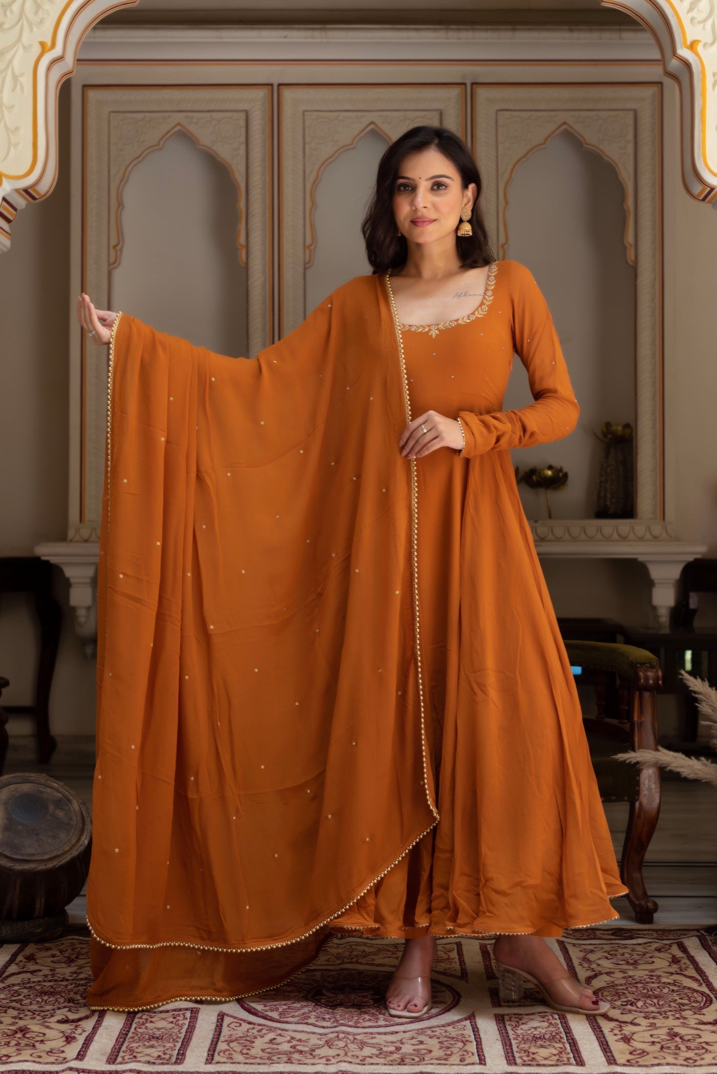 Mustard Gold Georgette Anarkali Set-serann