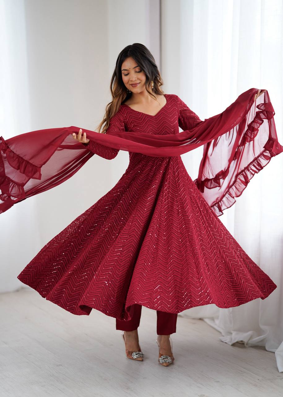 Maroon Chevron Sequined Anarkali Set-serann