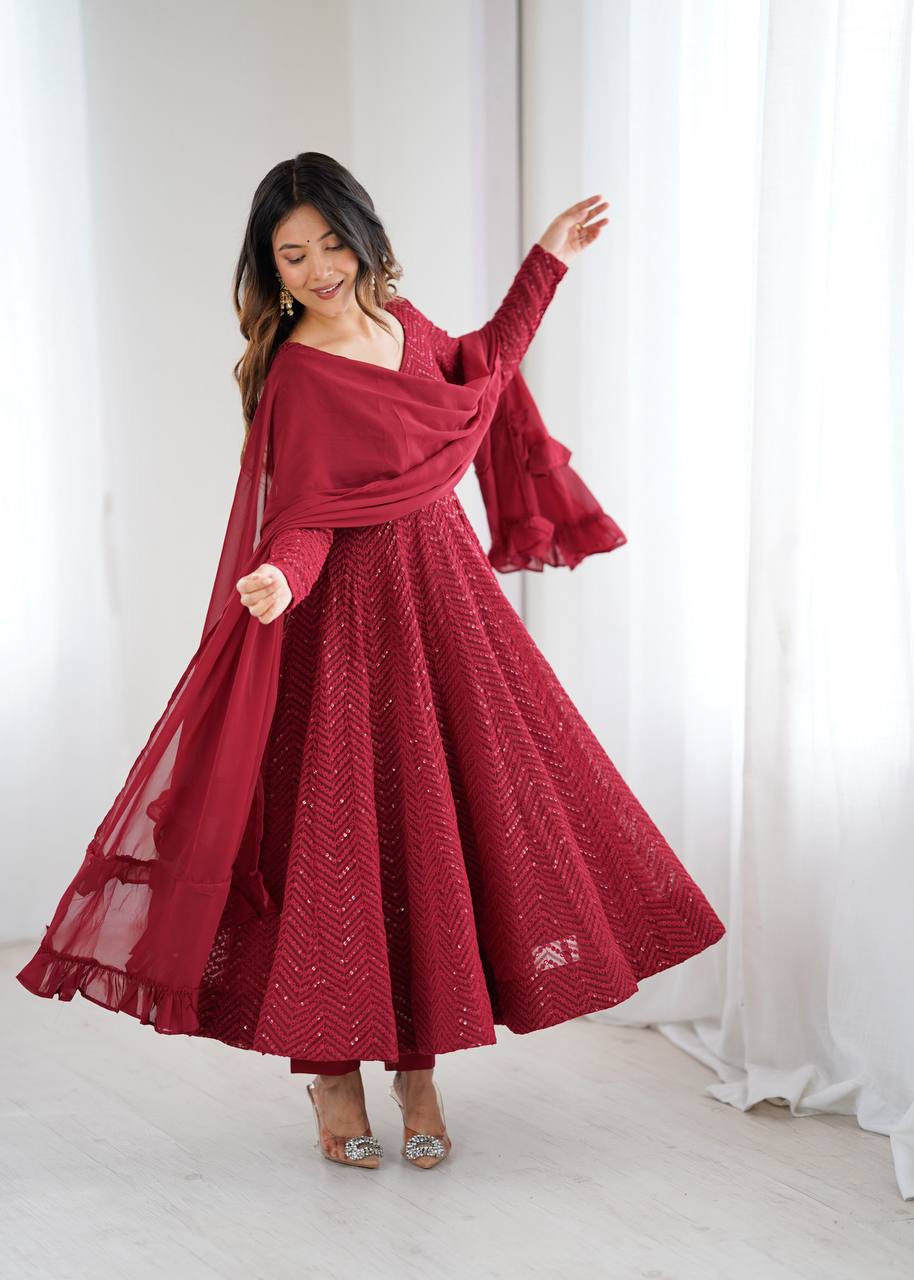Maroon Chevron Sequined Anarkali Set-serann
