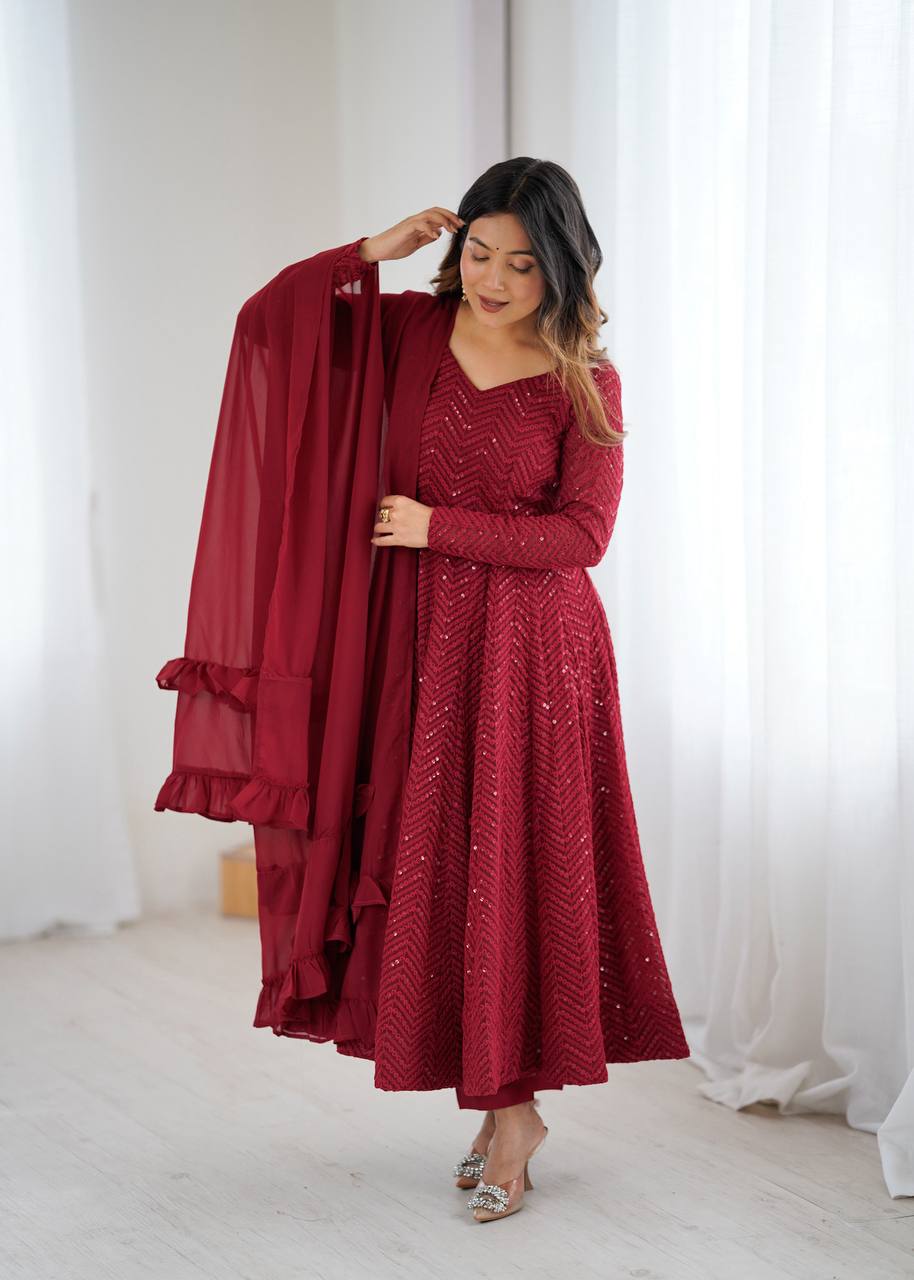 Maroon Chevron Sequined Anarkali Set-serann