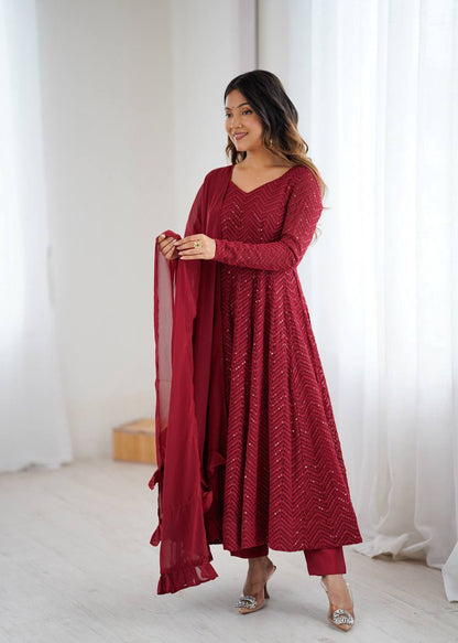 Maroon Chevron Sequined Anarkali Set-serann