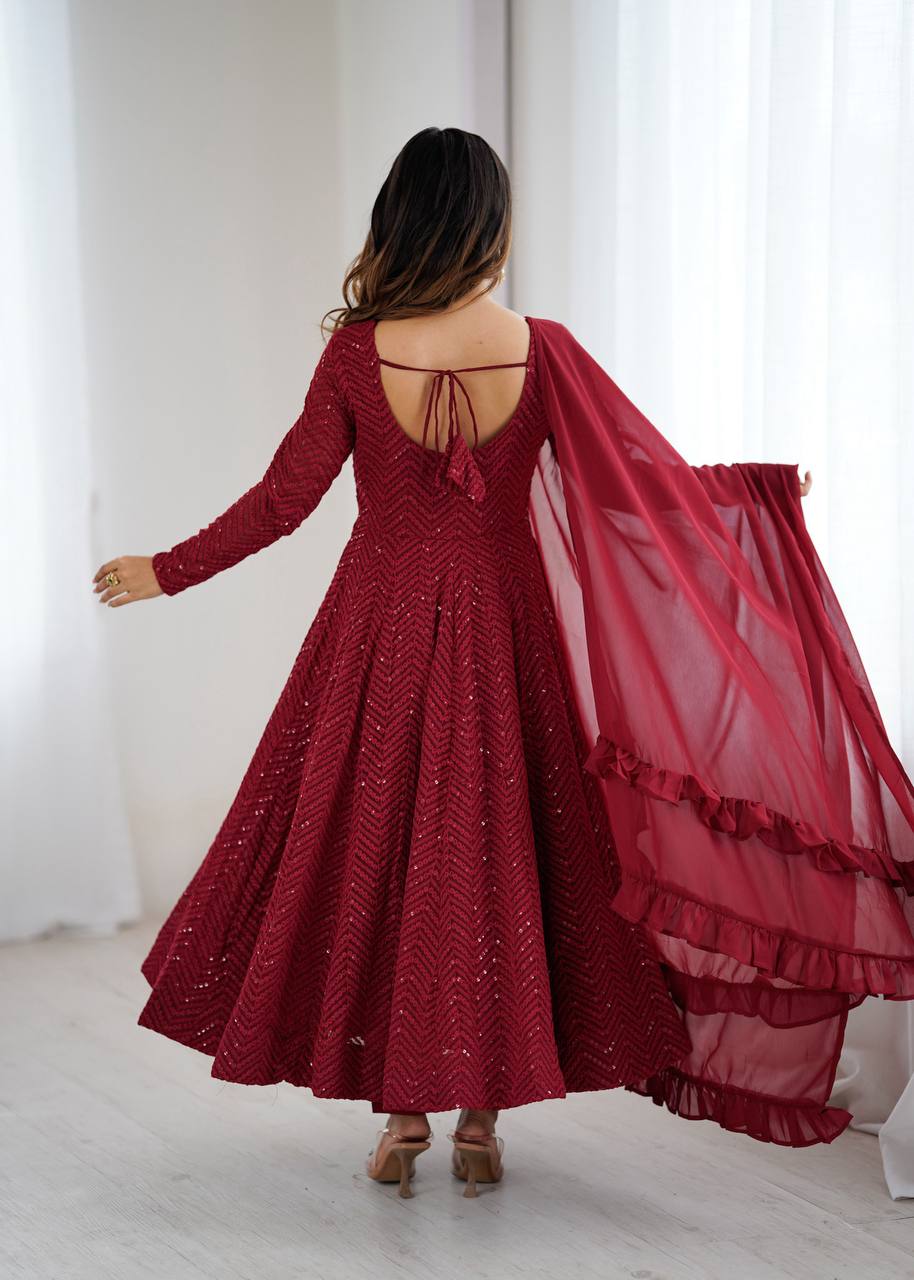 Maroon Chevron Sequined Anarkali Set-serann