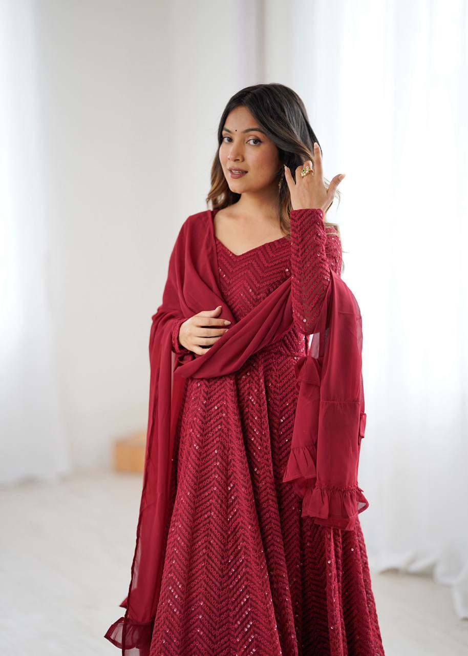 Maroon Chevron Sequined Anarkali Set-serann