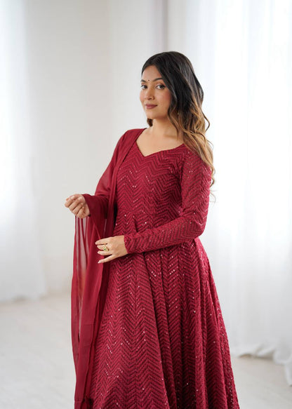 Maroon Chevron Sequined Anarkali Set-serann