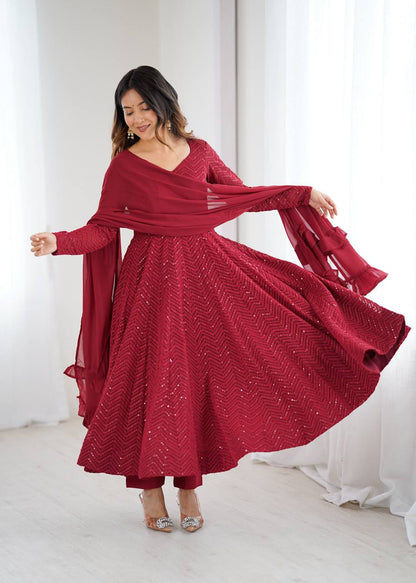 Maroon Chevron Sequined Anarkali Set-serann