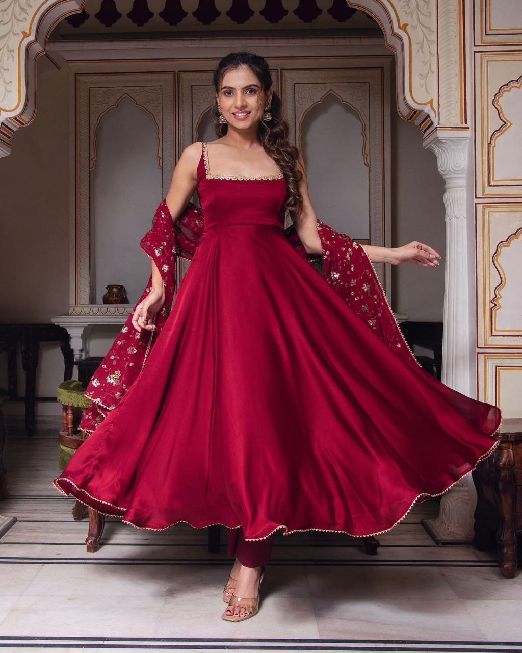 Deep Crimson Silk Anarkali Set-serann