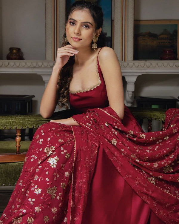 Deep Crimson Silk Anarkali Set-serann